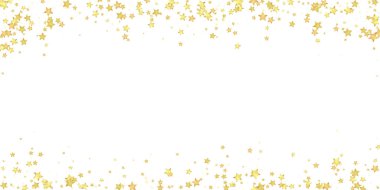 Sihirli yıldızlar vektör kaplaması. Altın yıldızlar rasgele etrafa saçılmış, düşüyor, yüzüyor. Kaotik rüya gibi çocuksu bir şablon. Beyaz arkaplanda mucizevi yıldızlı gece vektörü.