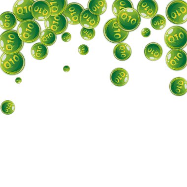 Q10 vitamini yuvarlak kapsülleri rastgele dağılmış. Güzellik ve beslenme cilt bakımı. Sağlıklı yaşam konsepti. Tıbbi ve bilimsel geçmiş. 