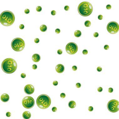 Q10 vitamini yuvarlak kapsülleri rastgele dağılmış. Güzellik ve beslenme cilt bakımı. Temel vitamin vektör illüstrasyonu. Sağlıklı yaşam konsepti.