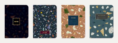 Okul günlüğü kapağı tasarımı. Doğal taşlar, granit, kuvars ve mermerden yapılmış terrazzo soyut arka plan. Venedik terrazzo doku okul günlüğü şablonu.