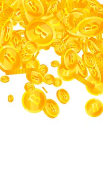 Thai baht coins falling. Gold scattered THB coins. Thailand money. Jackpot wealth or success concept. Vector illustration.