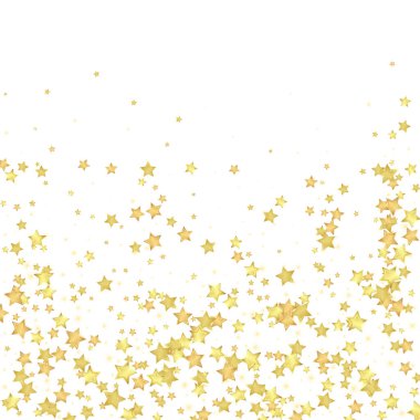 Sihirli yıldızlar vektör kaplaması. Altın yıldızlar rasgele etrafa saçılmış, düşüyor, yüzüyor. Kaotik rüya gibi çocuksu bir şablon. Beyaz arka planda sihirli yıldızlı büyüleyici vektör.