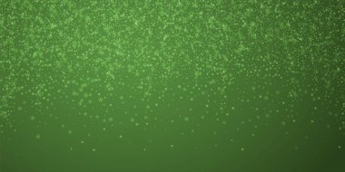 Güzel kar yağışı arkaplanı. İnce uçan kar taneleri ve yeşil arka plandaki yıldızlar. Güzel kar yağışı şablonu. Geniş vektör illüstrasyonu.