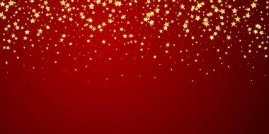 Sihirli yıldızlar vektör kaplaması. Altın yıldızlar rasgele etrafa saçılmış, düşüyor, yüzüyor. Kaotik rüya gibi çocuksu bir şablon. Kırmızı arkaplanda vektör peri masalı.