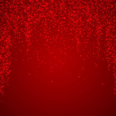 Karlı bir Noel geçmişi var. İnce uçan kar taneleri ve kırmızı arka plandaki yıldızlar. Narin, tatlı, karlı bir Noel. Kare vektör illüstrasyonu.