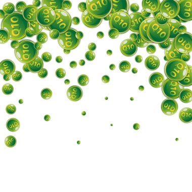 Q10 vitamini yuvarlak kapsülleri rastgele dağılmış. Güzellik ve beslenme cilt bakımı. Tıbbi ve bilimsel geçmiş. Sağlıklı yaşam konsepti.