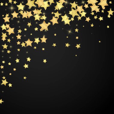 Sihirli yıldızlar vektör kaplaması. Altın yıldızlar rasgele etrafa saçılmış, düşüyor, yüzüyor. Kaotik rüya gibi çocuksu bir şablon. Siyah arkaplan üzerine vektör büyüsü.