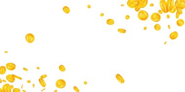 American dollar coins falling. Scattered gold USD coins. USA money. Great business success concept. Wide vector illustration.