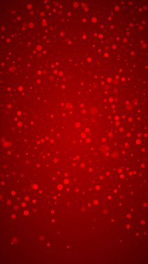 Yılbaşı arka planında kar yağışı var. İnce uçan kar taneleri ve kırmızı arka plandaki yıldızlar. Karlı bayram örtüsü. Dikey vektör illüstrasyonu.