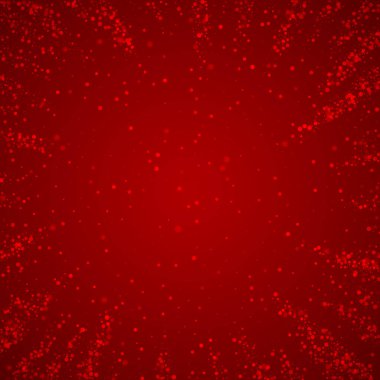 Güzel kar yağışı arkaplanı. İnce uçan kar taneleri ve kırmızı arka plandaki yıldızlar. Güzel kar yağışı şablonu. Kare vektör illüstrasyonu.