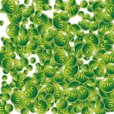 Q10 vitamini yuvarlak kapsülleri rastgele dağılmış. Güzellik ve beslenme cilt bakımı. Tıbbi ve bilimsel geçmiş. Refah kavramı.