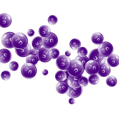 Çinko yuvarlak kapsüller rastgele dağılmış. Güzellik ve beslenme cilt bakımı. Sağlık konsepti. Temel vitamin vektör illüstrasyonu. 