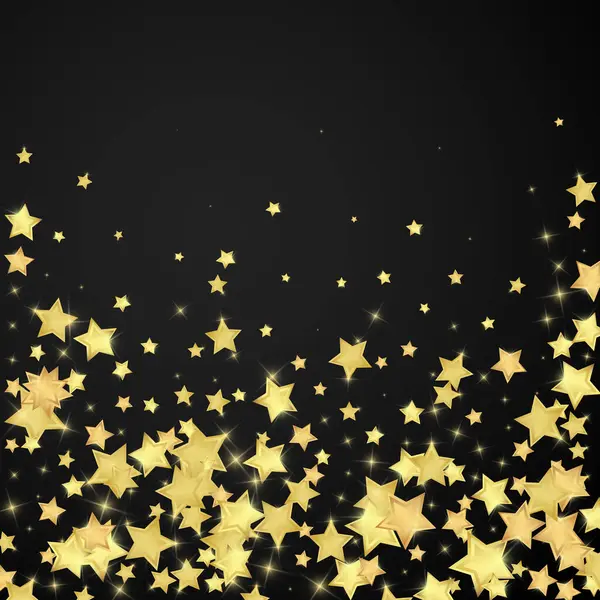 Sihirli yıldızlar vektör kaplaması. Altın yıldızlar rasgele etrafa saçılmış, düşüyor, yüzüyor. Kaotik rüya gibi çocuksu bir şablon. Siyah arkaplan üzerine vektör büyüsü.