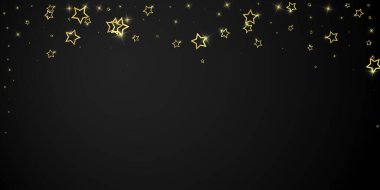 Parıldayan yıldızlar rastgele dağılmış, uçuyor, düşüyor, yüzüyor. Noel kutlaması kavramı. Siyah arkaplanda kutlama yıldızları vektör çizimi.
