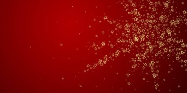 Parıldayan yıldızlar rastgele dağılmış, uçuyor, düşüyor, yüzüyor. Noel kutlaması kavramı. Kırmızı arkaplanda kutlama yıldızları vektör çizimi.
