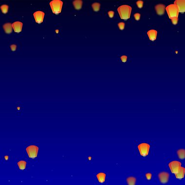 Loy Krathong festival kartı. Gece gökyüzünde kağıt fener ışıkları uçuşan Tayland tatili. Loy Krathong kutlaması. Koyu mavi arkaplanda vektör illüstrasyonu.
