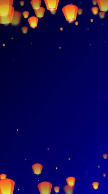 Yi Peng festival kartı. Gece gökyüzünde kağıt fener ışıkları uçuşan Tayland tatili. Geleneksel Yi Peng kutlaması. Koyu mavi arkaplanda vektör illüstrasyonu.