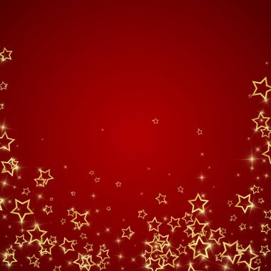 Yıldızlı gece masalı geçmişi. Şirin ışıltılı parıltılar, havada Noel ruhu. Kırmızı arkaplanda kutlama yıldızları vektör çizimi.