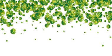 B12 vitamini pasaklı yuvarlak haplar. Güzellik ve beslenme cilt bakımı. Sağlıklı yaşam konsepti. Temel vitamin vektör illüstrasyonu. 