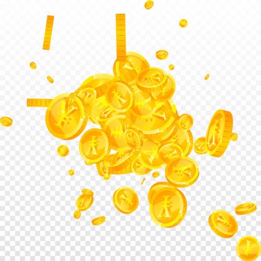 Chinese yuan coins falling. Scattered gold CNY coins. China money. Global financial crisis concept. Square vector illustration.