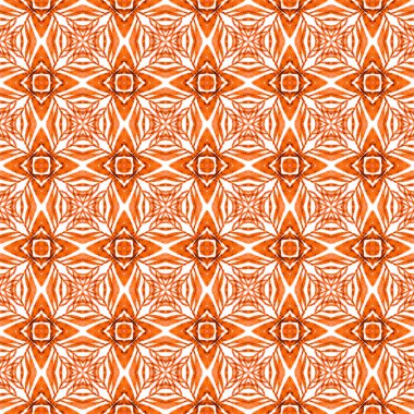 Suluboya yaz etnik sınır düzeni. Turuncu muhteşem boho şık yaz tasarımı. Tekstil hazır enerjik baskı, mayo kumaş, duvar kağıdı, ambalaj. Etnik el boyası desen.