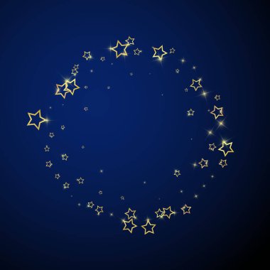 Parıldayan yıldızlar rastgele dağılmış, uçuyor, düşüyor, yüzüyor. Noel kutlaması kavramı. Koyu mavi arkaplanda kutlama yıldızları vektör illüstrasyonu.