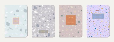 Not defteri kapağı tasarımı. Doğal taşlar, granit, kuvars ve mermerden yapılmış terrazzo soyut arka plan. Venedik terrazzo dokusu şablonu.