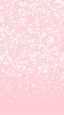 Düşen kalpler sevgililer günü kartı şablonu. Beyaz kalpler pembe arka plana saçılmış. Kaotik düşen kalpler vektör illüstrasyonu.