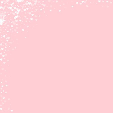 Sevgililer Günü için uçan kalpler. Beyaz kalpler pembe arka plana saçılmış. Güzel uçan kalpler vektör illüstrasyonu.