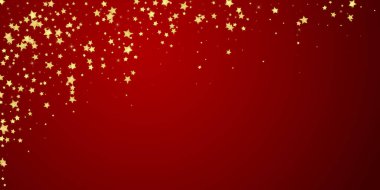 Sihirli yıldızlar vektör kaplaması. Altın yıldızlar rasgele etrafa saçılmış, düşüyor, yüzüyor. Kaotik rüya gibi çocuksu bir şablon. Kırmızı arkaplanda mucizevi yıldızlı gece vektörü.