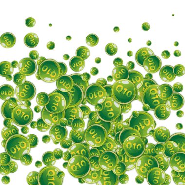 Q10 vitamini yuvarlak kapsülleri rastgele dağılmış. Güzellik ve beslenme cilt bakımı. Tıbbi ve bilimsel geçmiş. Sağlıklı yaşam konsepti.