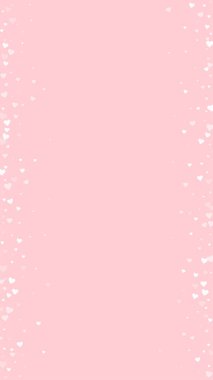 Serpiştirilmiş kalpler sevgililer günü şablonu. Beyaz kalpler pembe arka plana saçılmış. Kutlama serpiştirilmiş kalp vektör illüstrasyonu.