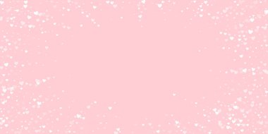 Sevgililer günü kalpleri, uçmak, düşmek, süzülmek. Beyaz kalpler pembe arka plana saçılmış. Sevimli sevgililer günü vektör illüstrasyonu.