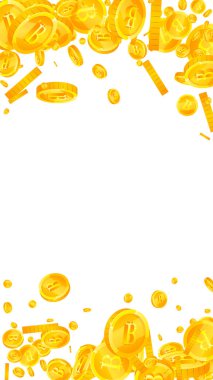 Bitcoin coins falling. Cryptocurrency scattered gold BTC coins. Internet currency. Jackpot wealth or success concept. Vector illustration.