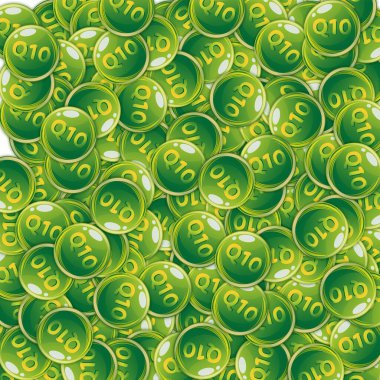 Q10 vitamini yuvarlak kapsülleri rastgele dağılmış. Güzellik ve beslenme cilt bakımı. Tıbbi ve bilimsel geçmiş. Sağlıklı yaşam konsepti.