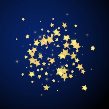 Sihirli yıldızlar vektör kaplaması. Altın yıldızlar rasgele etrafa saçılmış, düşüyor, yüzüyor. Kaotik rüya gibi çocuksu bir şablon. Koyu mavi arka planda mucizevi yıldızlı gece vektörü.