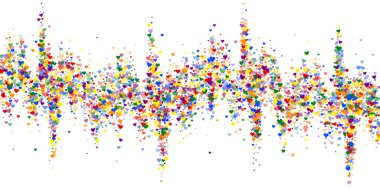 Düşen kalpler sevgililer günü kartı şablonu. Gökkuşağı renkli dağınık kalpler. LGBT sevgililer günü kartı. Kaotik düşen kalpler vektör illüstrasyonu.