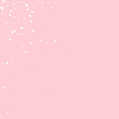 Sevgililer Günü için uçan kalpler. Beyaz kalpler pembe arka plana saçılmış. Güzel uçan kalpler vektör illüstrasyonu.