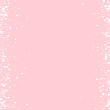 Düşen kalpler sevgililer günü kartı şablonu. Beyaz kalpler pembe arka plana saçılmış. Kaotik düşen kalpler vektör illüstrasyonu.