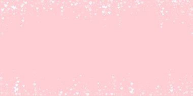 Düşen kalpler sevgililer günü kartı şablonu. Beyaz kalpler pembe arka plana saçılmış. Kaotik düşen kalpler vektör illüstrasyonu.