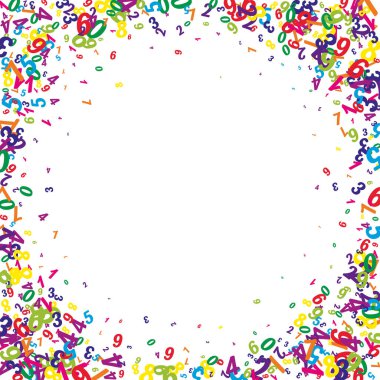 Okul geçmişi kavramı. Renkli çocuksu sayılar ve rakamlar düşüyor. Beyaz arka planda matematik afişi. Düşen sayılar vektör illüstrasyonu.