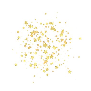 Sihirli yıldızlar vektör kaplaması. Altın yıldızlar rasgele etrafa saçılmış, düşüyor, yüzüyor. Kaotik rüya gibi çocuksu bir şablon. Beyaz arkaplanda vektör peri masalı.