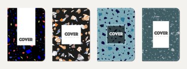 Not defteri kapağı tasarımı. Doğal taşlar, granit, kuvars ve mermerden yapılmış terrazzo soyut arka plan. Venedik terrazzo dokusu şablonu.