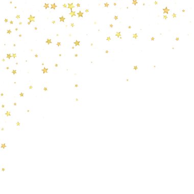 Sihirli yıldızlar vektör kaplaması. Altın yıldızlar rasgele etrafa saçılmış, düşüyor, yüzüyor. Kaotik rüya gibi çocuksu bir şablon. Beyaz arkaplanda mucizevi yıldızlı gece vektörü.