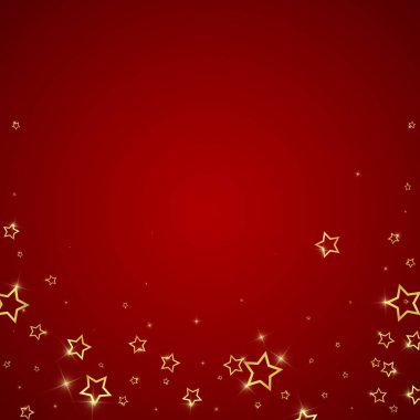 Altın parıldayan yıldız konfetisi. Kaotik rüya gibi çocuksu bir şablon. Kırmızı arkaplanda kutlama yıldızları vektör çizimi.