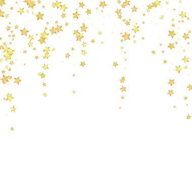 Sihirli yıldızlar vektör kaplaması. Altın yıldızlar rasgele etrafa saçılmış, düşüyor, yüzüyor. Kaotik rüya gibi çocuksu bir şablon. Beyaz arkaplanda vektör peri masalı.