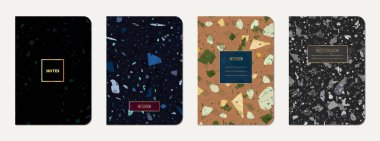 Not defteri kapağı tasarımı. Doğal taşlar, granit, kuvars ve mermerden yapılmış terrazzo soyut arka plan. Venedik terrazzo dokusu şablonu.