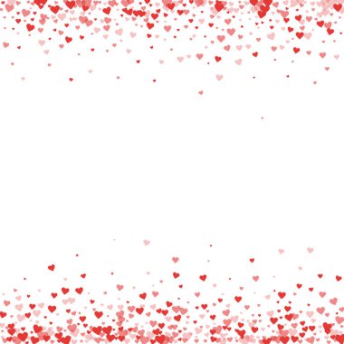 Serpiştirilmiş kalpler sevgililer günü şablonu. Kırmızı kalpler beyaz arka plana saçılmış. Kutlama serpiştirilmiş kalp vektör illüstrasyonu.