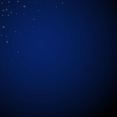 Altın parıldayan yıldız konfetisi. Kaotik rüya gibi çocuksu bir şablon. Koyu mavi arkaplanda kutlama yıldızları vektör illüstrasyonu.