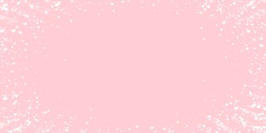 Kalp konfetisi sevgililer günü kaplaması. Beyaz kalpler pembe arka plana saçılmış. Joyfull Heart konfeti vektör çizimi